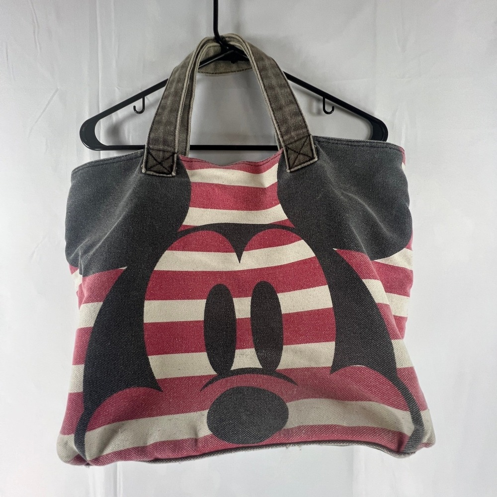 Disney Store Mickey Mouse Canvas Tote Bag Red White Striped Polka Dot Lining